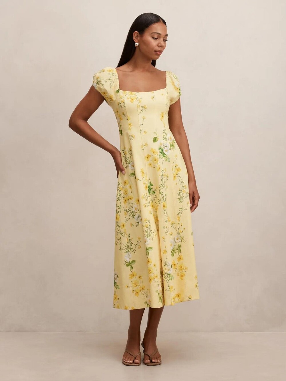 Ever New Sadie Cap Sleeve Linen Midi Dress Yellow Size 12